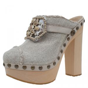 Pre Owned Chanel Beige Embellished Canvas Platform Clogs Size 38