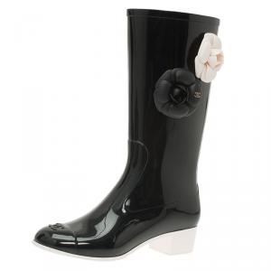 Chanel Black Camellia Rubber Rain Boots Size 36