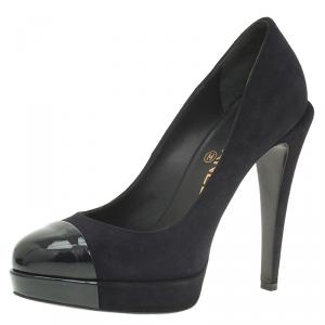 Pre Owned Chanel Black Suede and Leather Cap Toe Platform Pumps Size 37.5