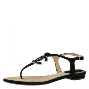 Chanel Black Suede CC Thong Sandals Size 37.5