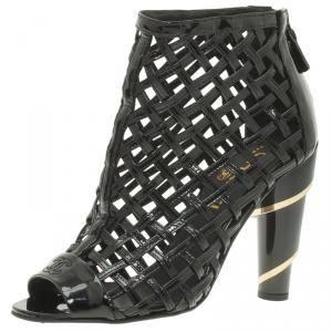 Chanel Black Patent Open Toe Cage Ankle Boots Size 36
