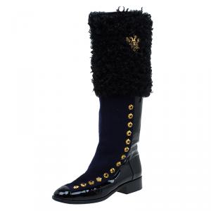 Chanel Blue and Black Moscow Metiers d'Art Leather and Shearling Boots Size 37.5