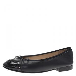 Pre Owned Chanel Black Leather CC Cap Toe Bow Ballet Flats Size 35
