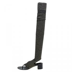 Chanel Grey Metallic Over the Knee Sock Sandals Size 40
