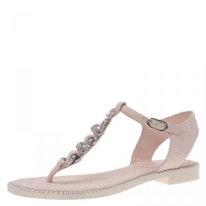 Chanel Powder Pink Leather Chain Detail CC Thong Sandals Size 37.5