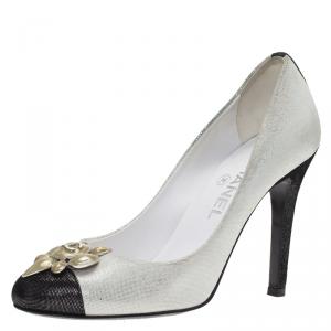 Pre Owned Chanel Silver and Black Leather Embellished Pumps Size 36.5