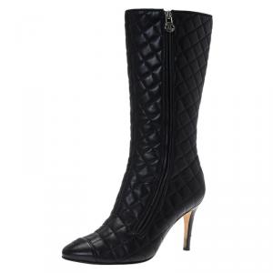 Chanel Black Quilted Leather CC Cap Toe Knee Boots Size 38