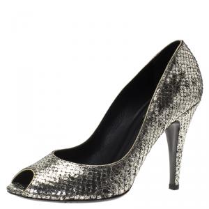 Pre Owned Chanel Silver Metallic Python Peep Toe Pumps Size 39