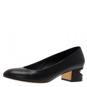 Pre Owned Chanel Black Leather Pearl Embellished Block Heel Pumps Size 37