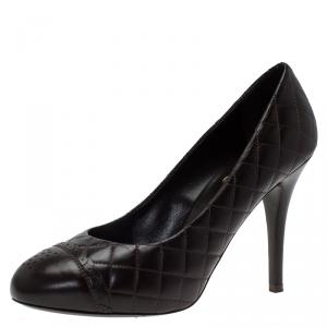 Pre Owned Chanel Brown Quilted Perforated Leather CC Pumps Size 39
