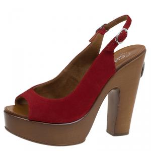 Chanel Red Suede Wooden Block Heel Slingback Sandals Size 39