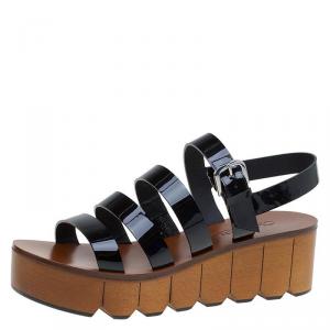 Chanel Black Patent Leather Wooden Platform Sandals Size 36.5