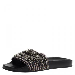 Pre Owned Chanel Black Tweed Tropiconic Chain Detail Slides Size 40