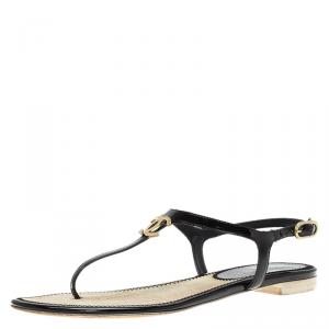 Chanel Black Patent  CC Logo T Strap Thong Sandals Size 36