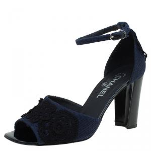 Chanel Navy Blue Tweed Fabric Crochet Embellished Ankle Strap Sandals Size 40.5