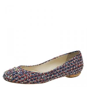 Pre Owned Chanel Red and Blue Tweed Fabric Swarovski Crystal Studded Ballet Flats Size 37.5