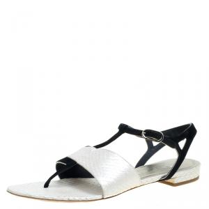 Chanel Off White/Black Iridescent Python and Suede Thong Sandals Size 38.5