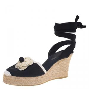 Chanel Black Canvas Camellia Ankle Wrap Espadrille Wedges Size 37