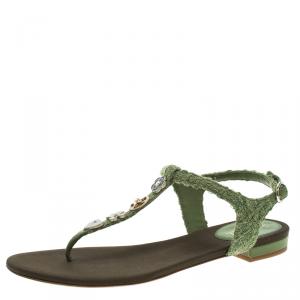 Pre Owned صندل أصبع شانيل تويد أخضر مزخرف حزام حرف T مقاس 38