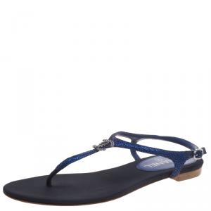 Chanel Metallic Blue Suede CC Embellished T Strap Thong Sandals Size 38.5