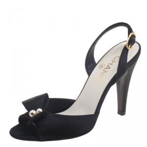 Chanel Black Satin Pearl Embellished Bow Peep Toe Slingback Sandals Size 37.5