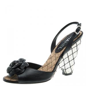 Chanel Black Leather Camellia Slingback Cork Wedge Heel Sandals Size 36.5