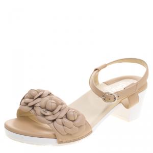 Chanel Beige Leather Camellia Embellished Ankle Strap Sandals Size 38