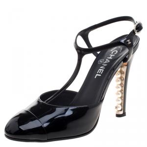 Chanel Black Patent Leather Pearl Embellished Heel T-Strap Sandals Size 40