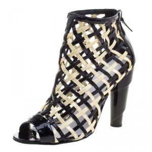 Chanel Cream and Black Patent Leather Open Toe Cage Ankle Boots Size 39