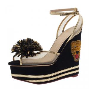 Charlotte Olympia Black Suede Team Spirit Varsity Wedge Sandals Size 37
