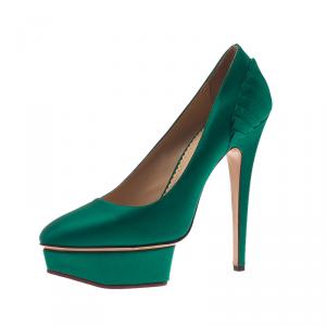 Pre Owned Charlotte Olympia Green Paloma Fan-Pleat Satin Pumps Size 38.5 