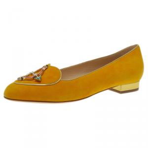 Pre Owned Charlotte Olympia Mustard Yellow Suede Sagittarius Smoking Slippers Size 39