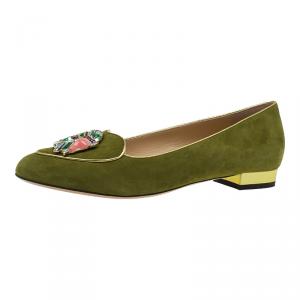 Pre Owned Charlotte Olympia Green Suede Capricorn Smoking Slippers Size 41