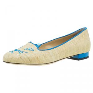 Pre Owned Charlotte Olympia Beige and Blue Raffia Kitty Flats Size 39