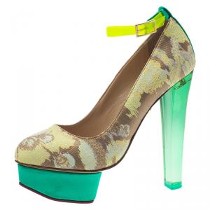Pre Owned Charlotte Olympia X Matthew Williamson Tri Color Brocade and PVC Ankle Strap Platform Pumps Size 36