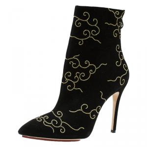 Pre Owned Charlotte Olympia Black Embroidered Suede Betsy Ankle Boots Size 40 