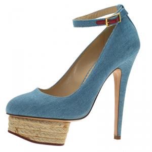 Pre Owned Charlotte Olympia Blue Denim Dolores Ankle Strap Pumps Size 36.5