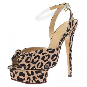 Charlotte Olympia Beige Leopard Print Satin Serena Bow Ankle Strap Platform Sandals Size 38