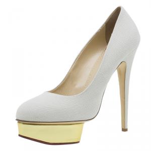 Pre Owned Charlotte Olympia Cream Canvas Dolly Platform Pumps Size 42