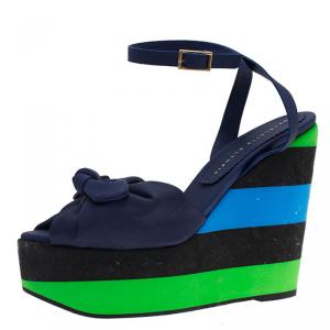 Charlotte Olympia Blue Colorblock Rubber Miranda Bow Platform Ankle Strap Wedges Size 39
