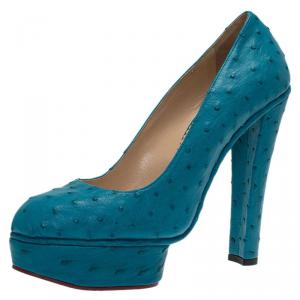 Charlotte Olympia Blue Ostrich Leather Greta Platform Pumps Size 39