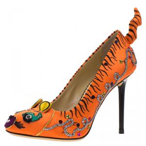 Charlotte Olympia Orange Embellished Satin Tiger Tiger Pumps Size 36