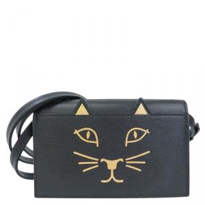 Charlotte Olympia Black Calf Leather Feline Purse Shoulder Bag