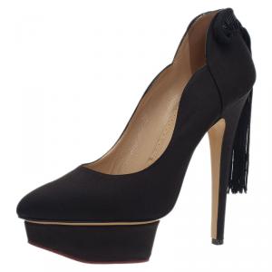 Pre Owned Charlotte Olympia Black Satin Tassel Detail Starla Platform Pumps Size 38