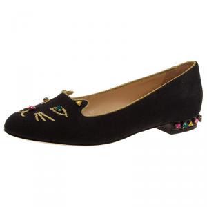 Pre Owned Charlotte Olympia Black Canvas Bejeweled Kitty Flats Size 39.5