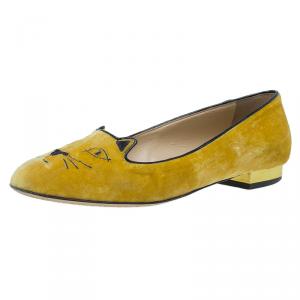 Pre Owned Charlotte Olympia Yellow Kitty Embroidered Velvet Smoking Slippers Size 37.5 