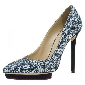 Pre Owned Charlotte Olympia Navy Blue Filigree Printed Crepe Satin Debonaire Pumps Size 39.5