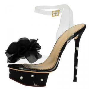 Charlotte Olympia Black Satin and PVC Marylin Slingback Platform Sandals Size 37 