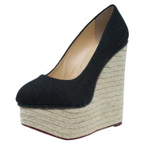 Charlotte Olympia Black Canvas Espadrille Platform Wedge Pumps Size 39.5 