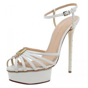 Charlotte Olympia Cream Studded Leather Ankle Strap Platform Sandals Size 41